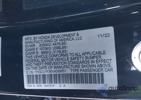 2022 Honda Accord Sport from USA, damaged, VIN 1HGCV1F36NA099951